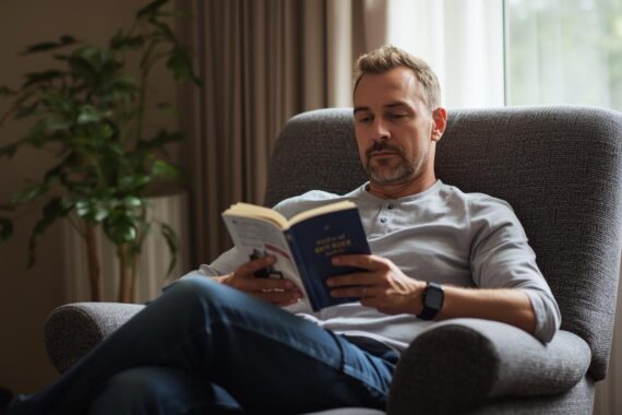 A person sitting peacefully with a book in his hand after hemorrhoidoplasty