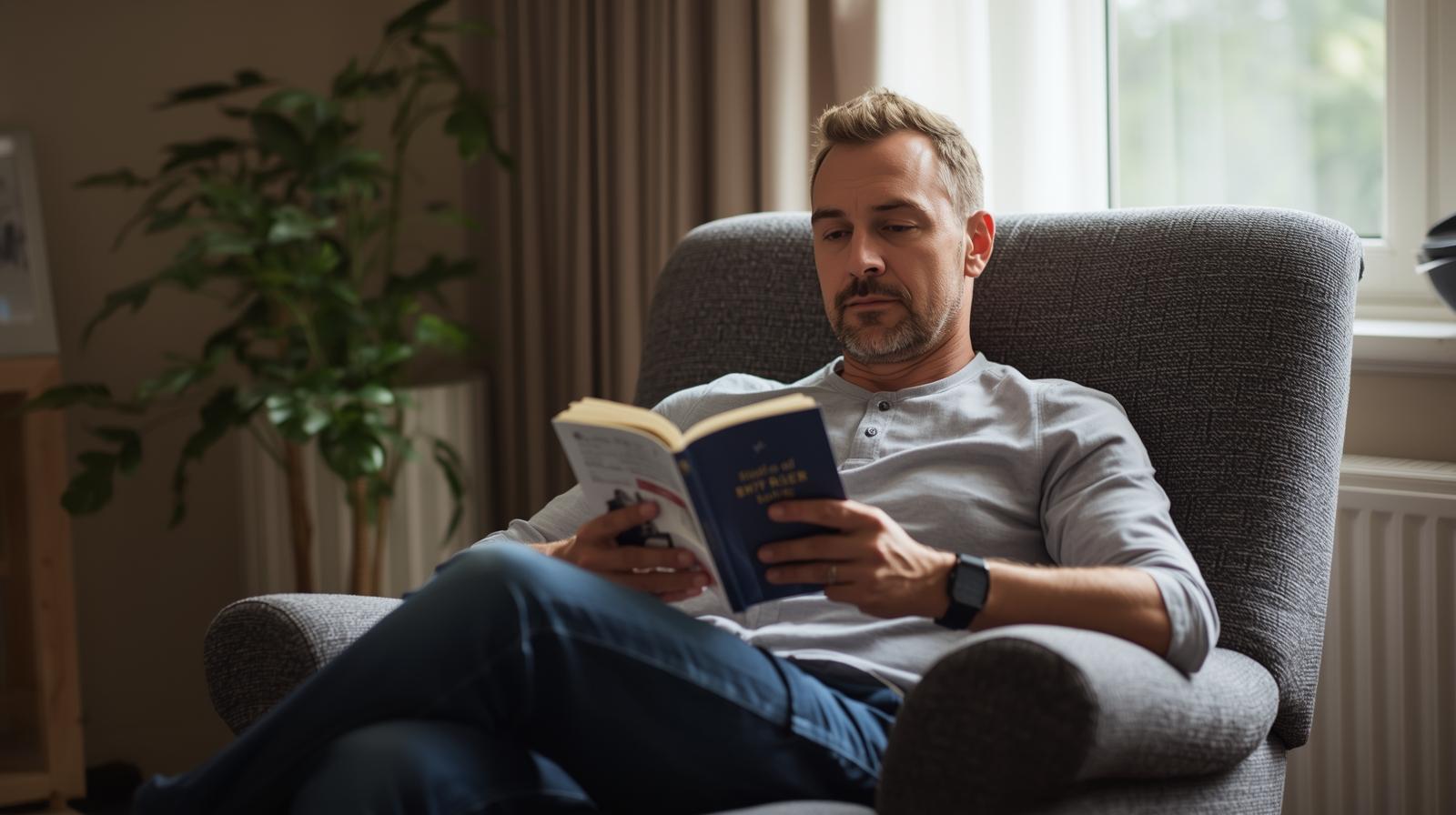 A person sitting peacefully with a book in his hand after hemorrhoidoplasty